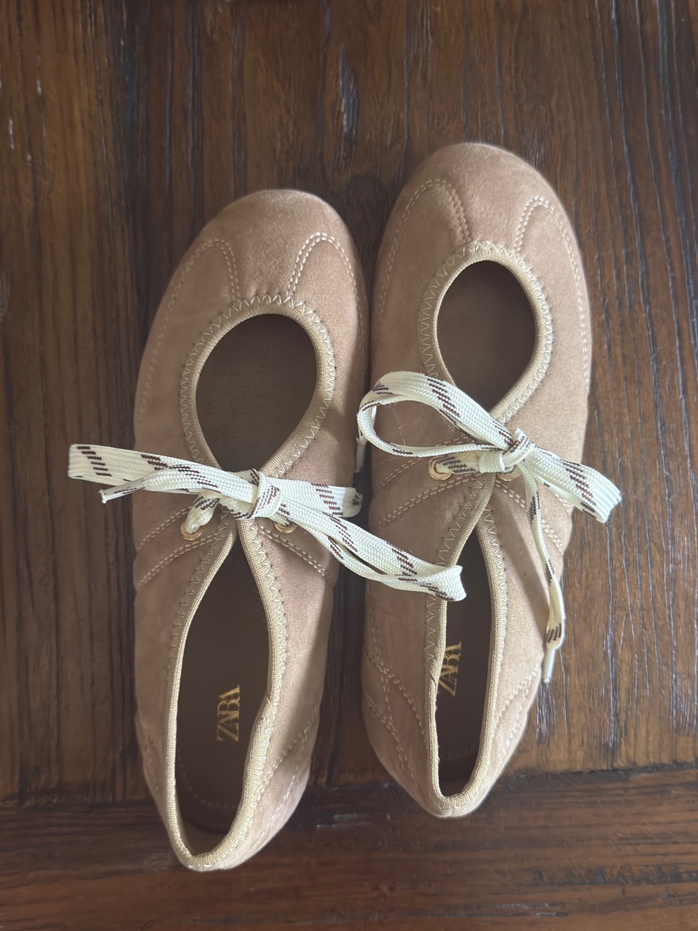 ZARA Light Brown Suede Ballet Flats with Patterned Ribbon - Picture 1 of 3